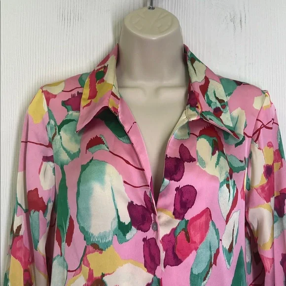 Zara - Bright Colorful Floral Satin Effect Button Down Long Sleeve Blouse Size S - Picture 6 of 9